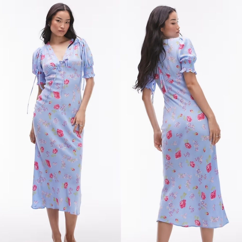 Topshop Midi Dress with‎ Tie Detail in Blue Vintage Floral Print NWT